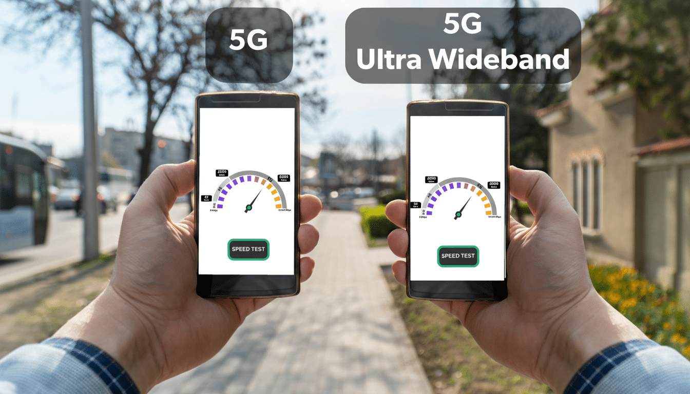A person holding two smartphones side-by-side, displaying 5G and 5G Ultra Wideband speed tests, with a blurred outdoor background.