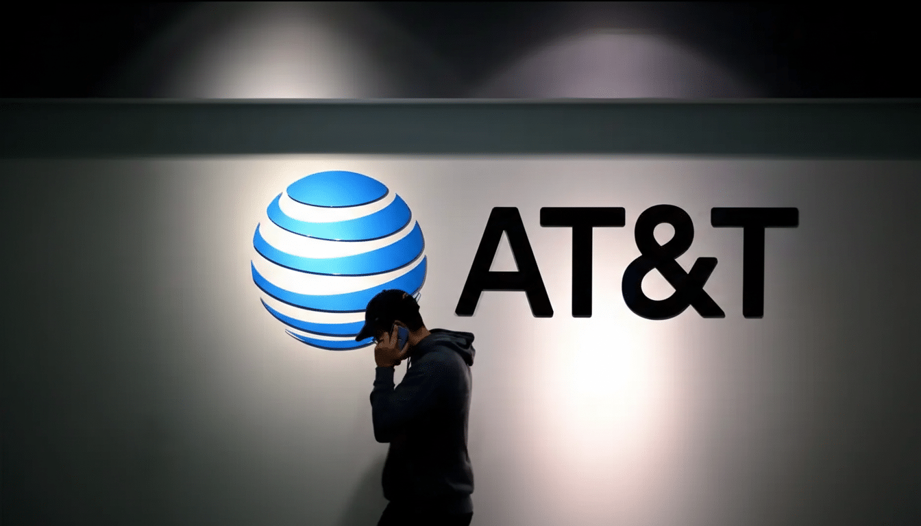 A person in a dark hoodie and baseball cap talks on a phone, silhouetted against a wall with the illuminated AT&T logo and text.