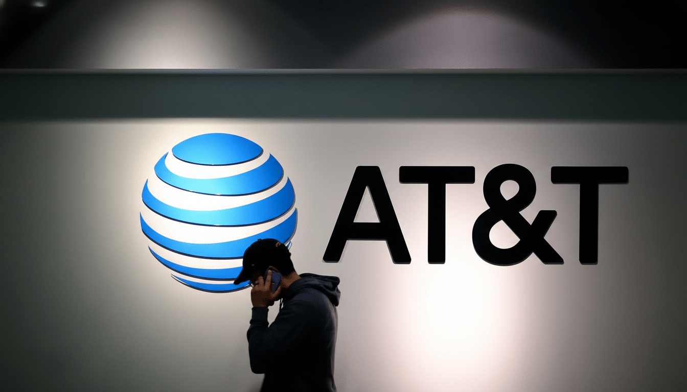 A person on a phone call stands in front of a large AT&T logo on a wall.
