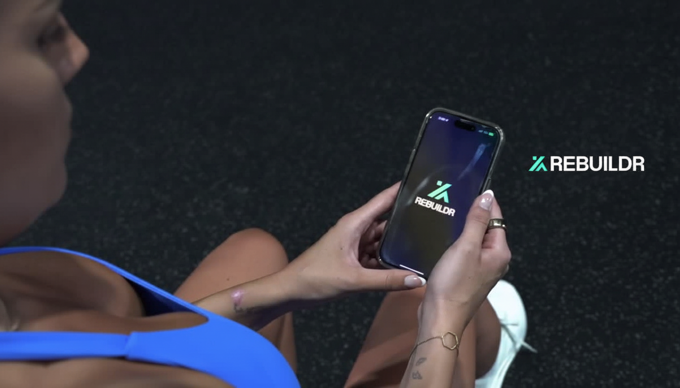 A woman in a blue top holding a smartphone displaying the REBUILDR app logo, with the logo also visible in the background.