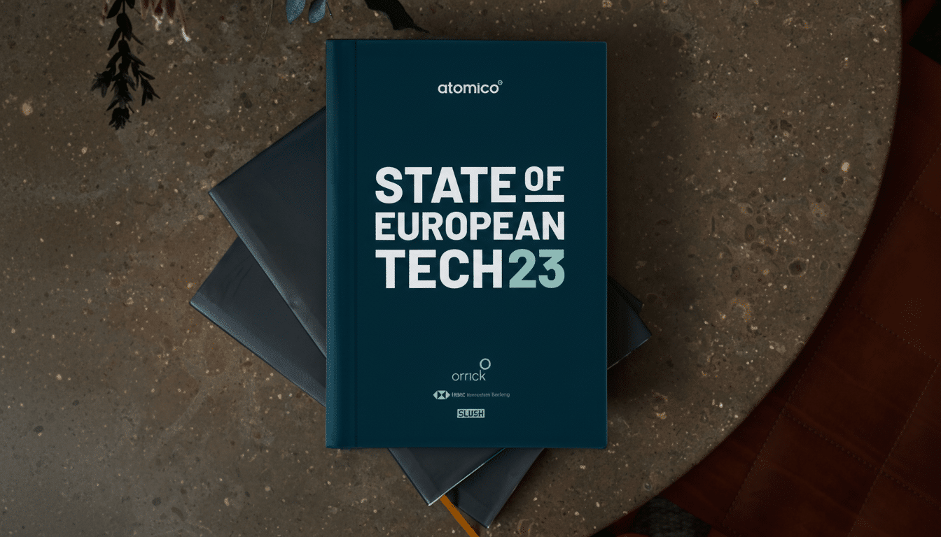 A book titled State of European Tech 23 by Atomico, Orrick, HSBC Innovation Banking, and Slush, resting on a dark, textured surface with a plant in the upper left corner.