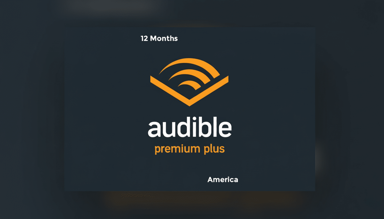 The Audible Premium Plus logo for America, indicating a 12-month subscription, presented on a dark background with a subtle gradient.