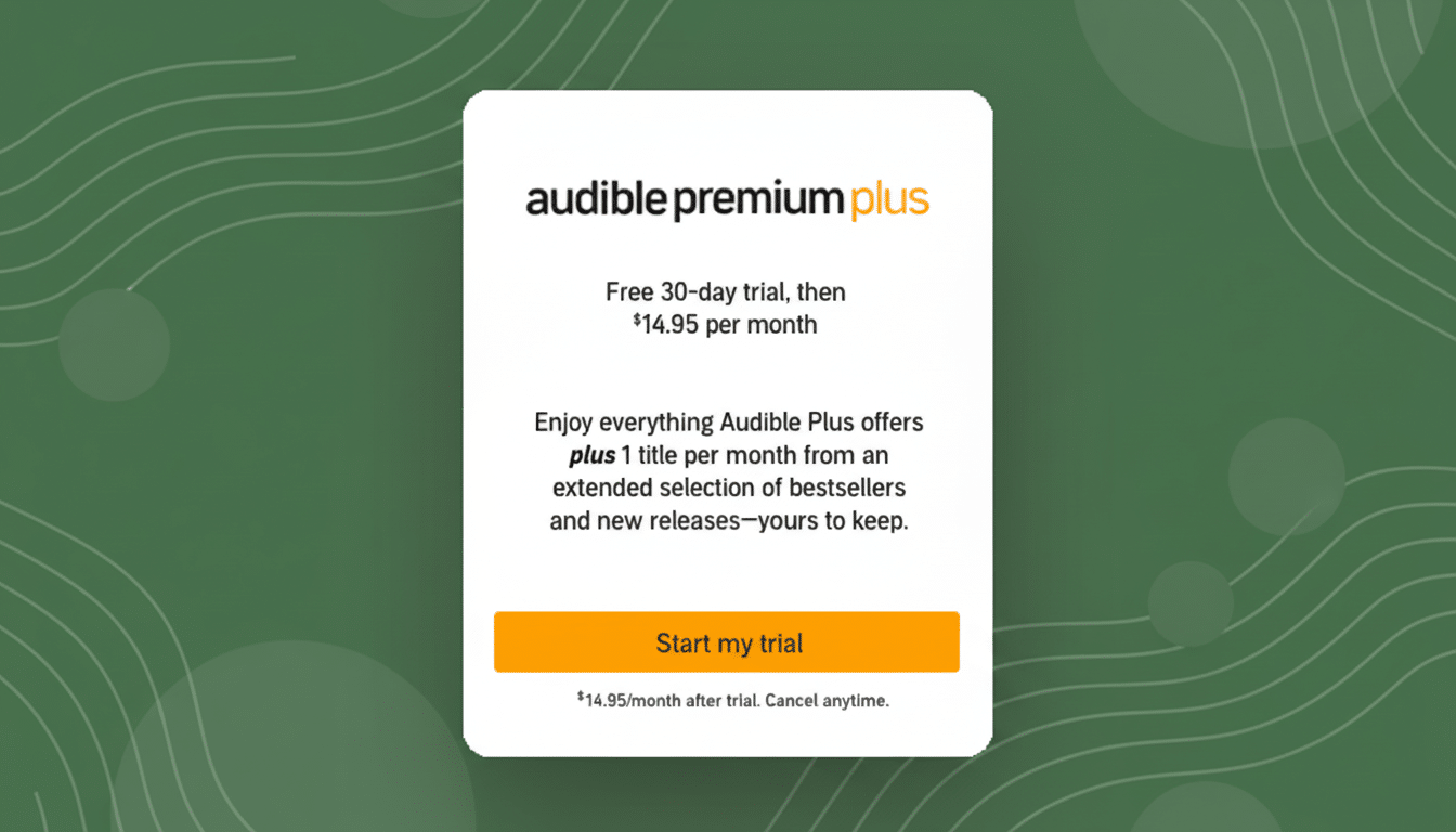 An Audible Premium Plus advertisement with a 16:9 aspect ratio, featuring a white card with the Audible logo, trial details, and a Start my trial button, set against a professional green background with subtle wave patterns.