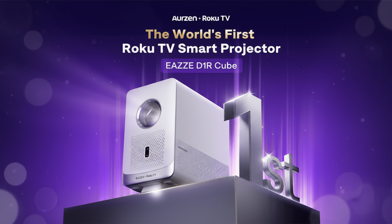 A white smart projector with Aurzen + Roku TV branding, sitting on a dark gray pedestal next to a large silver 1st text, all against a purple background with subtle light patterns.