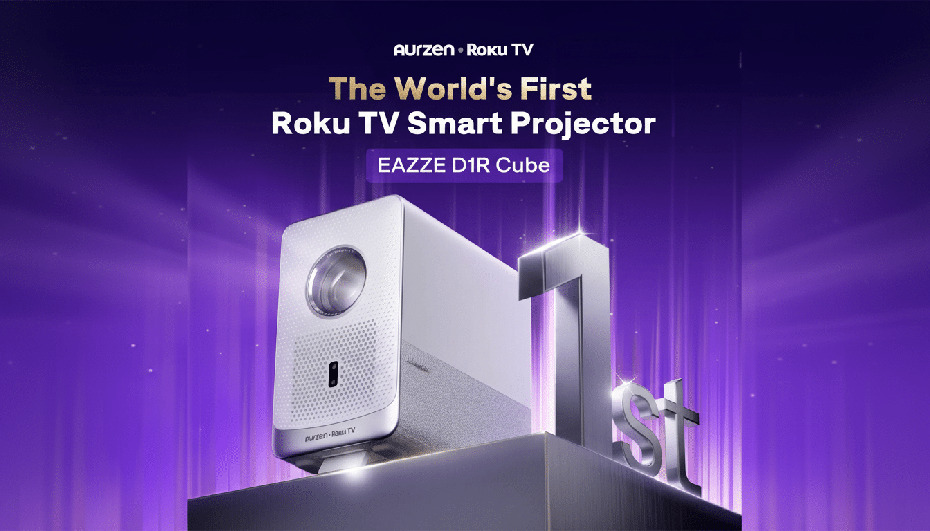 A 16:9 aspect ratio image of the Aurzen Roku TV EAZZE D1R Cube smart projector, with The Worlds First Roku TV Smart Projector text, set against a purple background with a large 1st metallic graphic.
