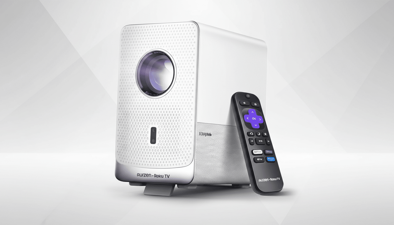 A white and silver projector with a black remote control, set against a professional flat design background with soft patterns.