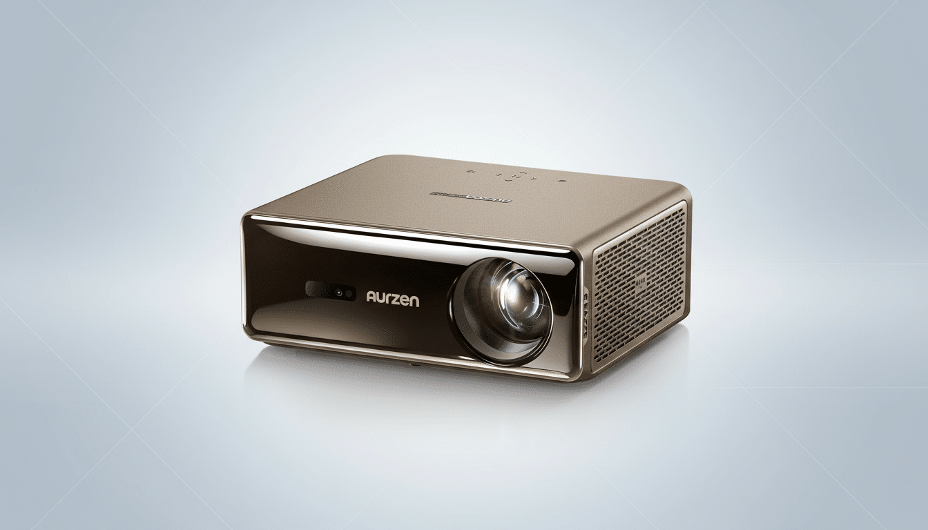 A gold-colored Aurzen projector with a glossy front panel and a prominent lens, set against a professional light gray background with subtle geometric patterns.