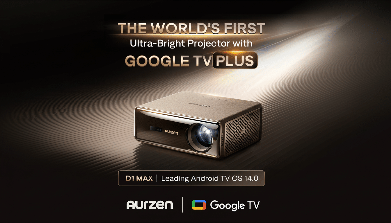 A 16:9 aspect ratio image of the Aurzen D1 Max projector with Google TV Plus, set against a dark, professional background with a subtle light streak.