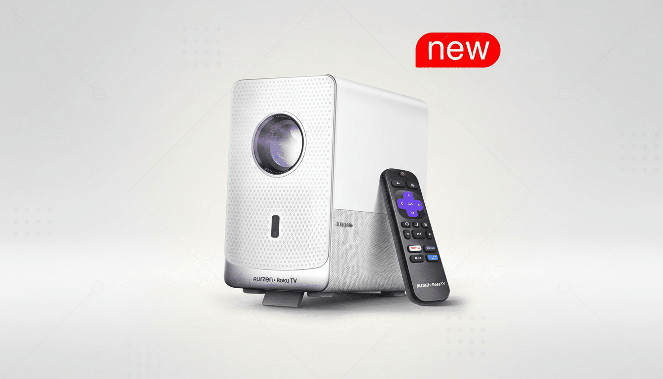 A white and silver Aurzen Roku TV projector and its black remote control are displayed on a professional flat design background with soft patterns and gradients.