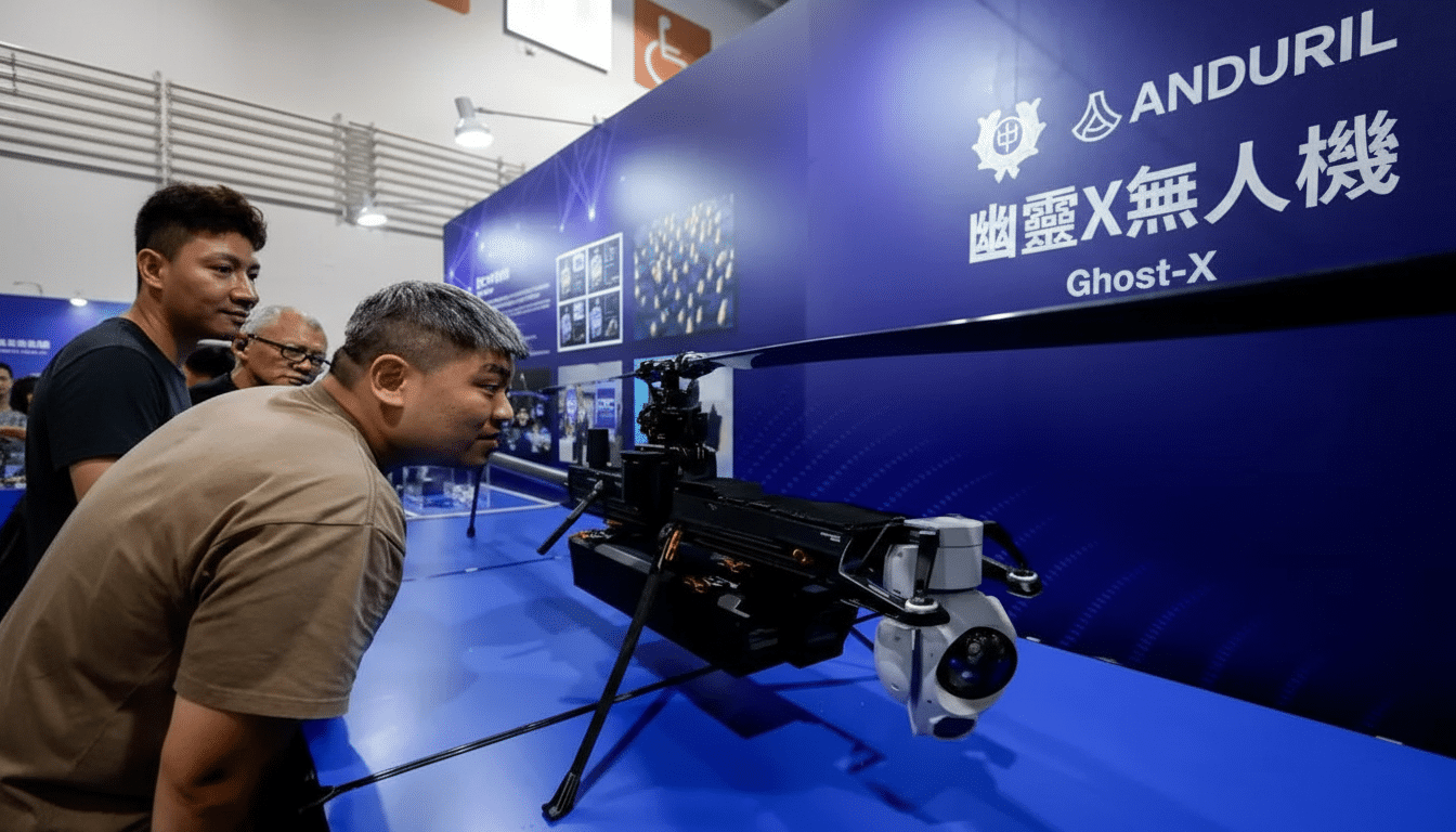 A man in a brown shirt leans in to examine a black drone with a white camera on display, with a blue backdrop featuring ANDURIL and Ghost-X in the background.