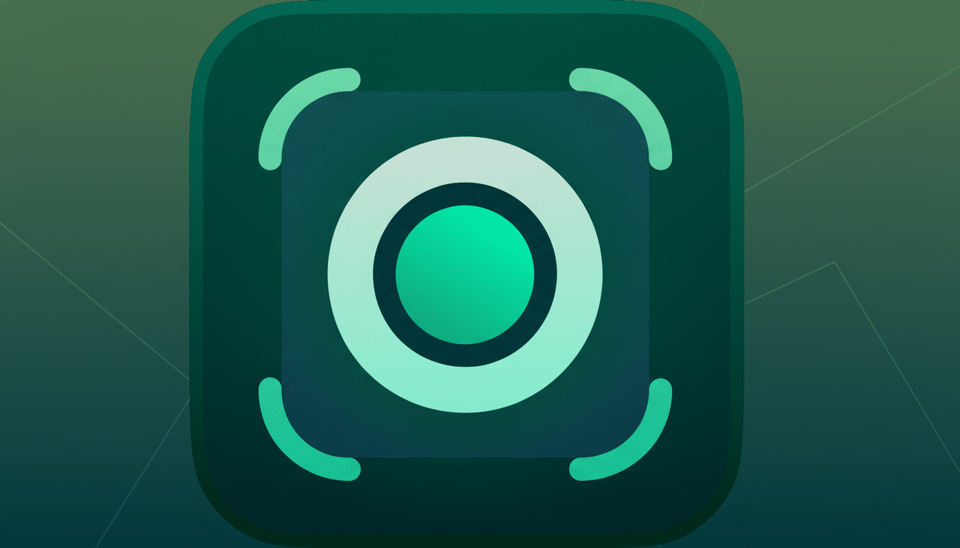 A 16:9 aspect ratio image featuring a dark teal app icon with a white and teal circle in the center, surrounded by four curved white lines, set against a professional flat design background with soft patterns and gradients.