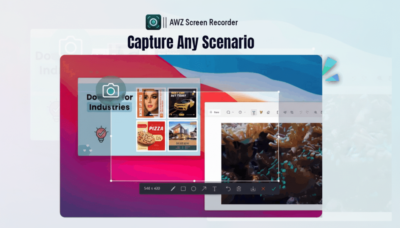 A screenshot of the AWZ Screen Recorder application interface, showing a recording frame over various digital content including advertisements for beauty, cars, pizza, and real estate, alongside an image of coral. The overall image is set against a blurred background with the text Capture Any Scenario prominently displayed.