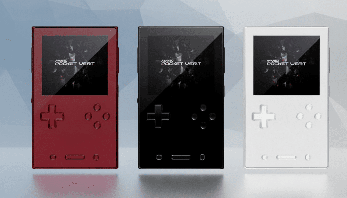 Three Ayaneo Pocket Vert handheld gaming devices in red, black, and white, presented on a professional flat design background with soft patterns and gradients.