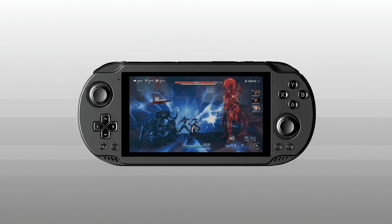A black handheld gaming console with a game displayed on its screen, set against a professional flat gray background with a subtle gradient.