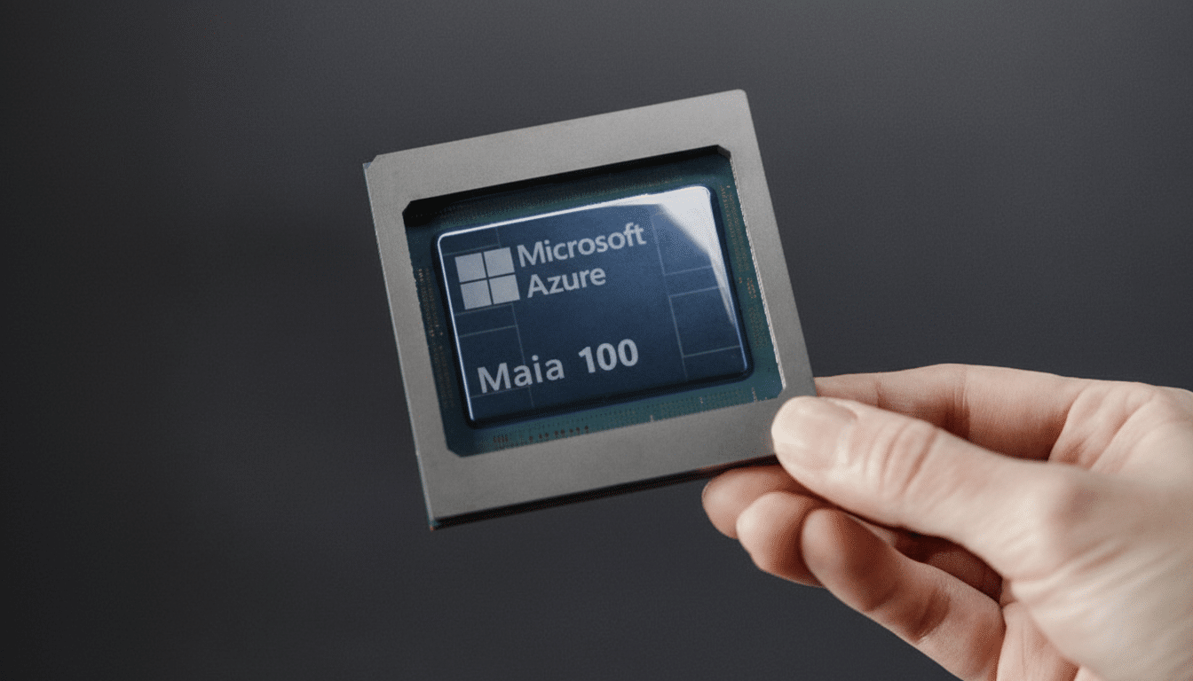 A hand holds up a Microsoft Azure Maia 100 chip, presented in a 16:9 aspect ratio with a professional, clean background.