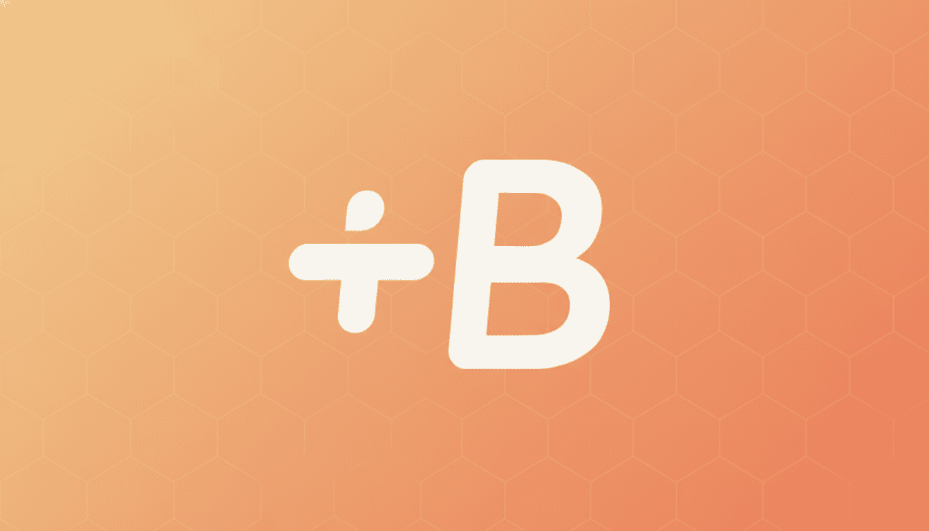 A 16:9 aspect ratio image featuring the original orange square icon with a white plus sign and the letter B on a professional flat design background with soft orange and peach gradients and subtle hexagonal patterns.