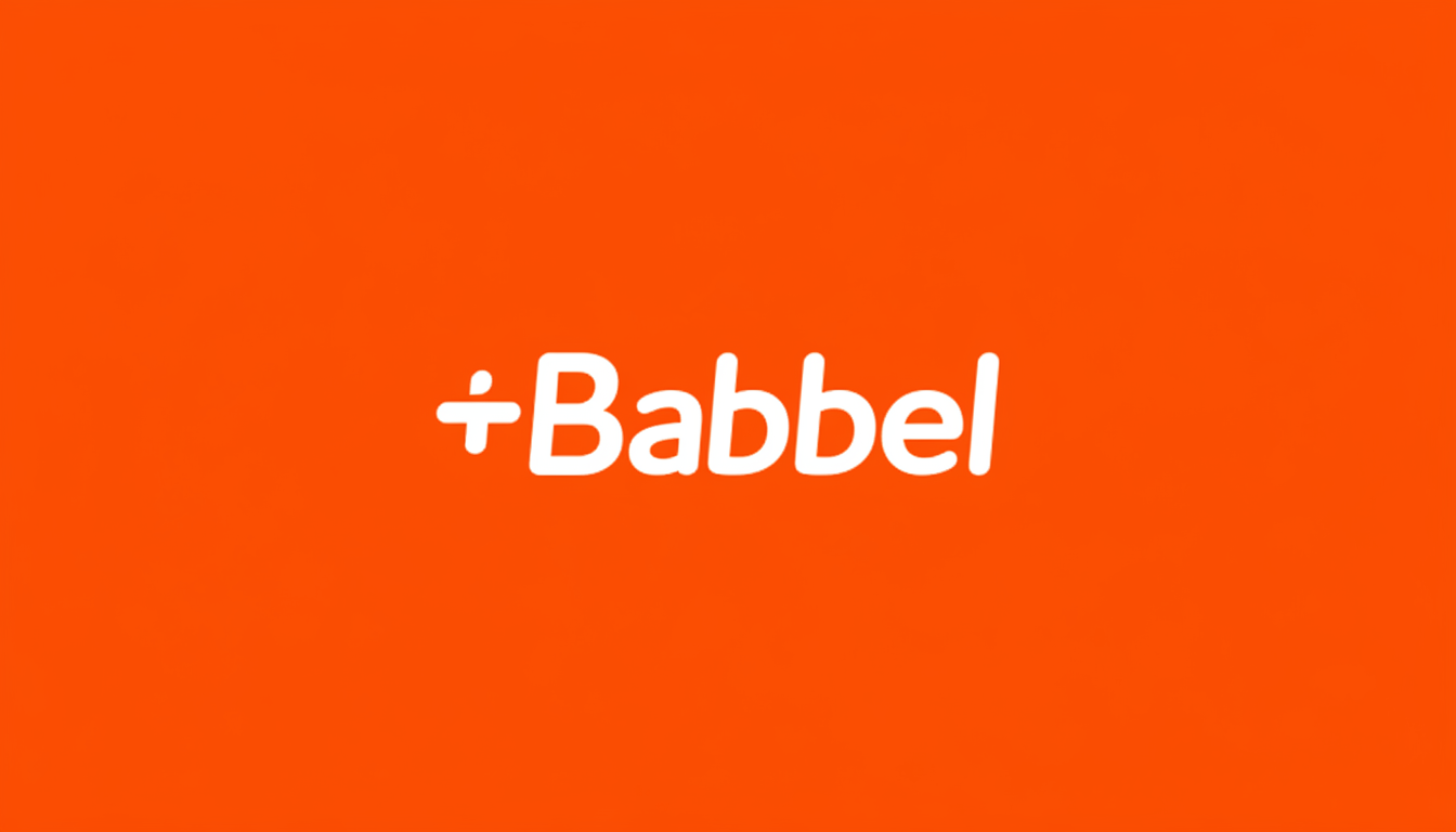 The Babbel logo, featuring the word Babbel in white text with a white plus sign to its left, all set against a solid orange background, resized to a 16:9 aspect ratio.