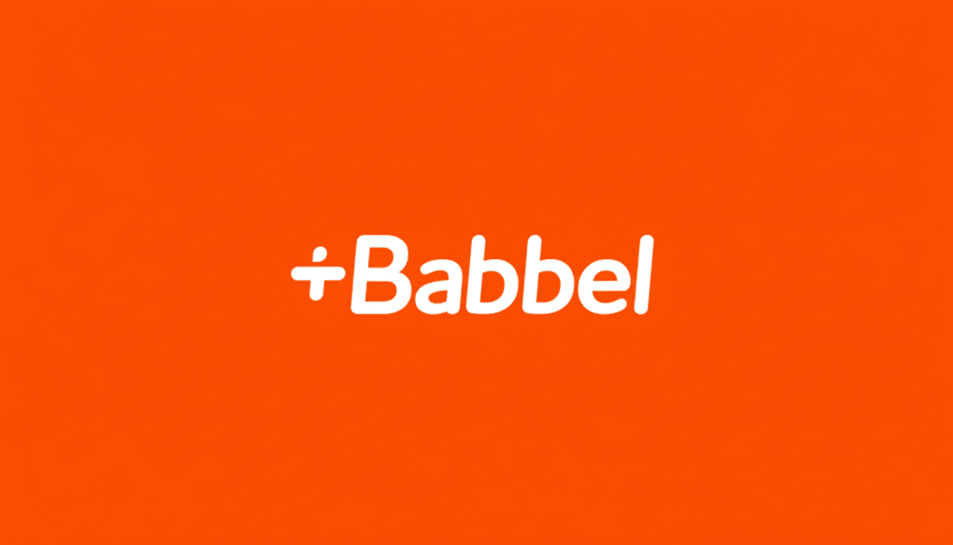 The Babbel logo, featuring the word Babbel in white with a white plus sign and a line through it to the left, all set against a solid orange background. The image has been resized to a 16:9 aspect ratio.