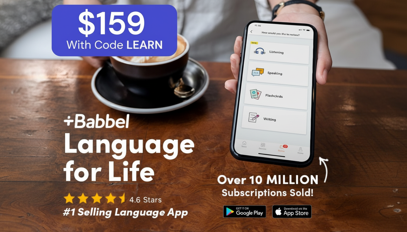 A person holding a smartphone displaying the Babbel language learning app, with a coffee cup on a wooden table. The image is overlaid with promotional text for Babbel, including a price of $159 with code LEARN, Language for Life, Over 10 MILLION Subscriptions Sold!, and app store download buttons.