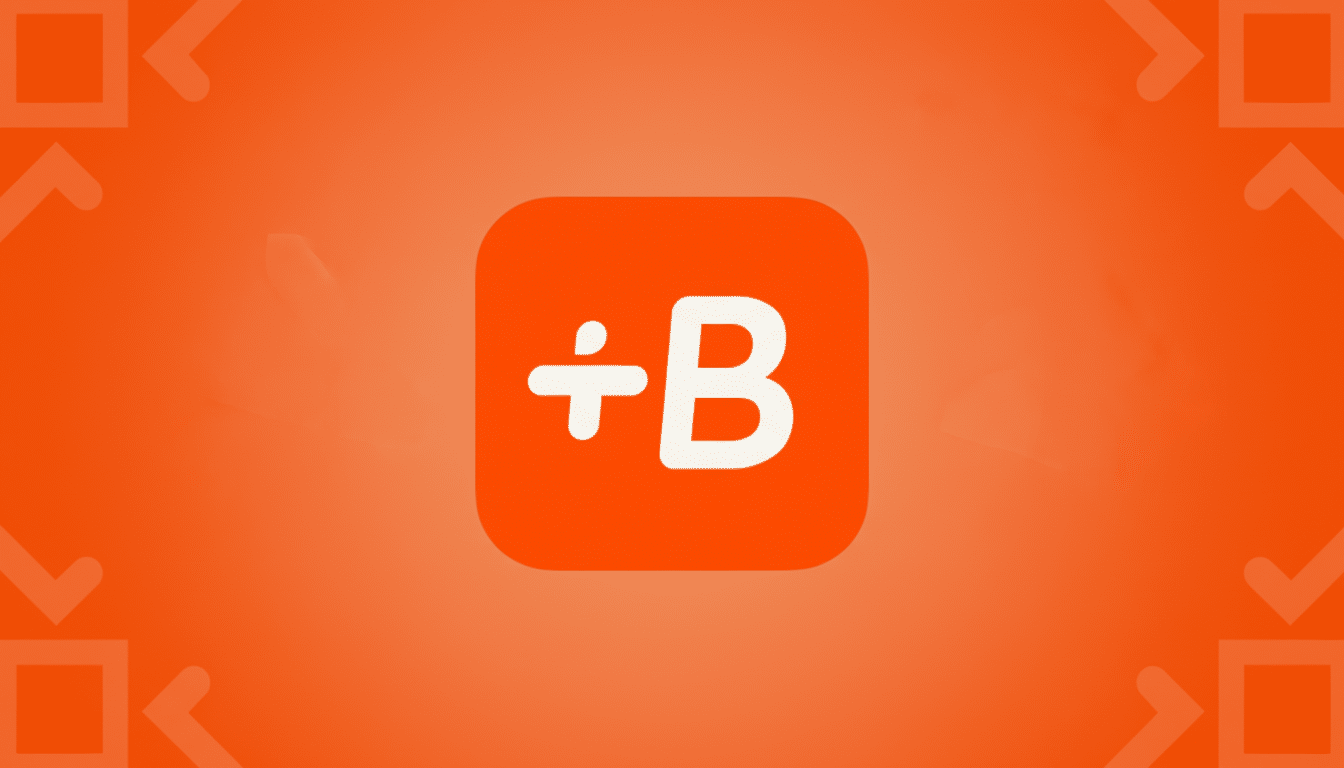 A 16:9 aspect ratio image featuring the original orange square icon with a white plus sign and the letter B in the center, set against a professional flat design background with soft orange gradients and subtle geometric patterns.