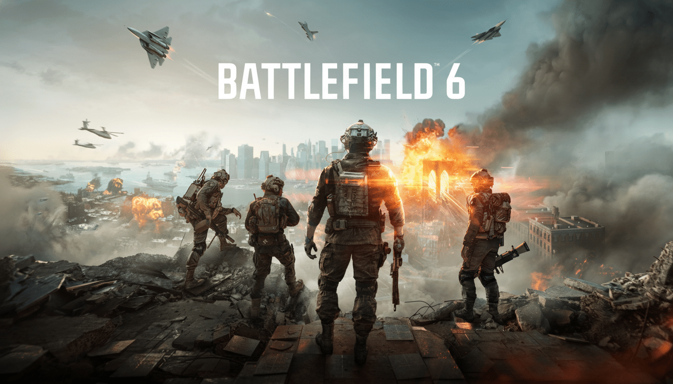 The Battlefield 6 game cover shows four soldiers standing on a ruined landscape, looking out at a city under attack with explosions and fighter jets in the sky.