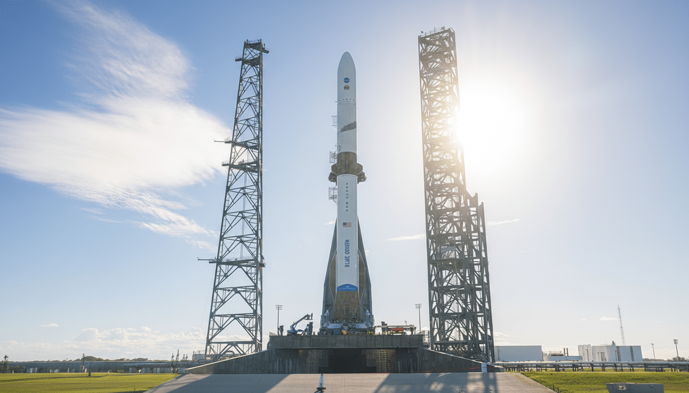 A Blue Origin New Glenn rocket stands on a launchpad between two tall support towers under a bright, sunny sky.