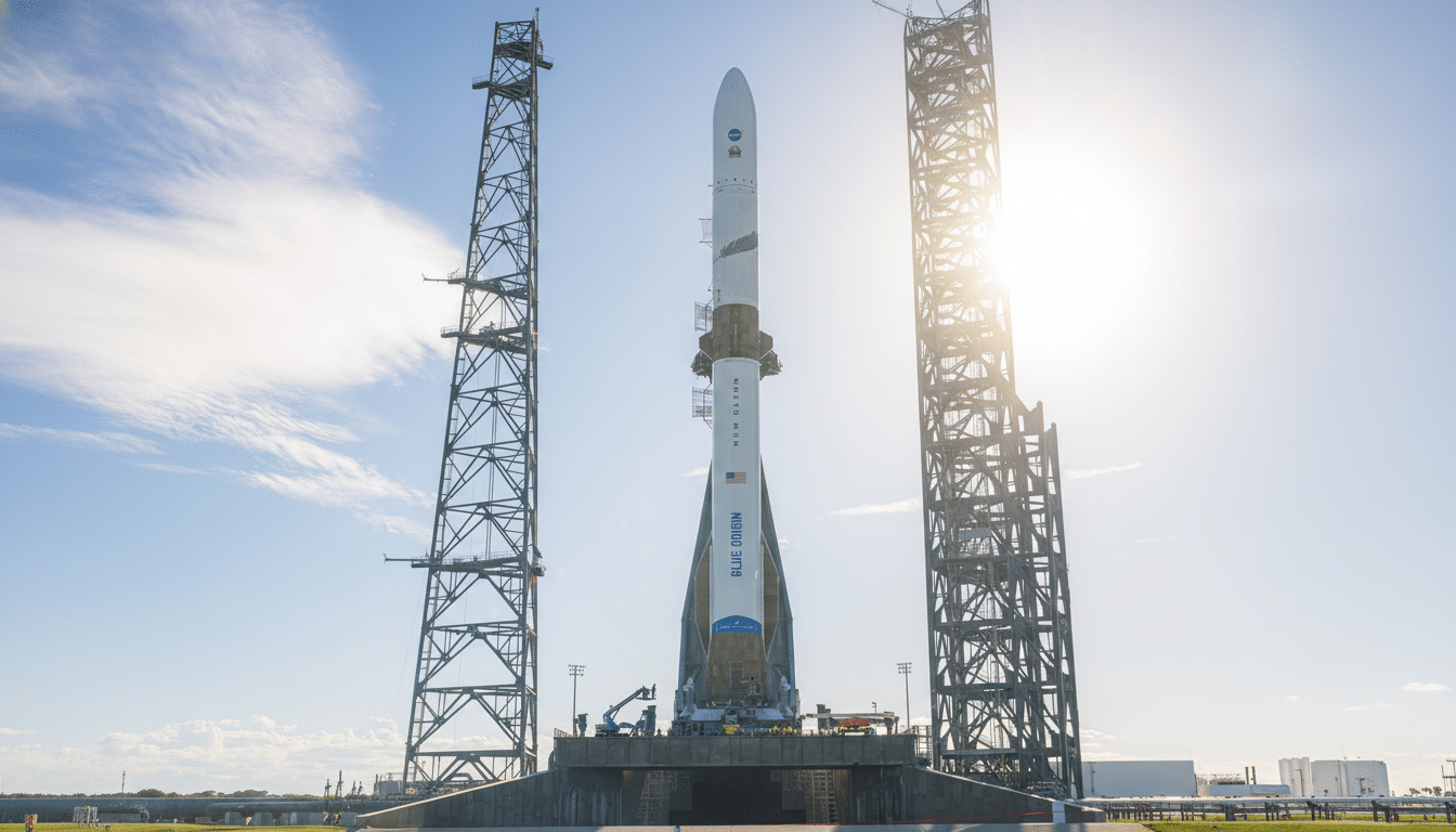 A Blue Origin New Glenn rocket stands on a launchpad between two tall support towers under a bright, sunny sky.
