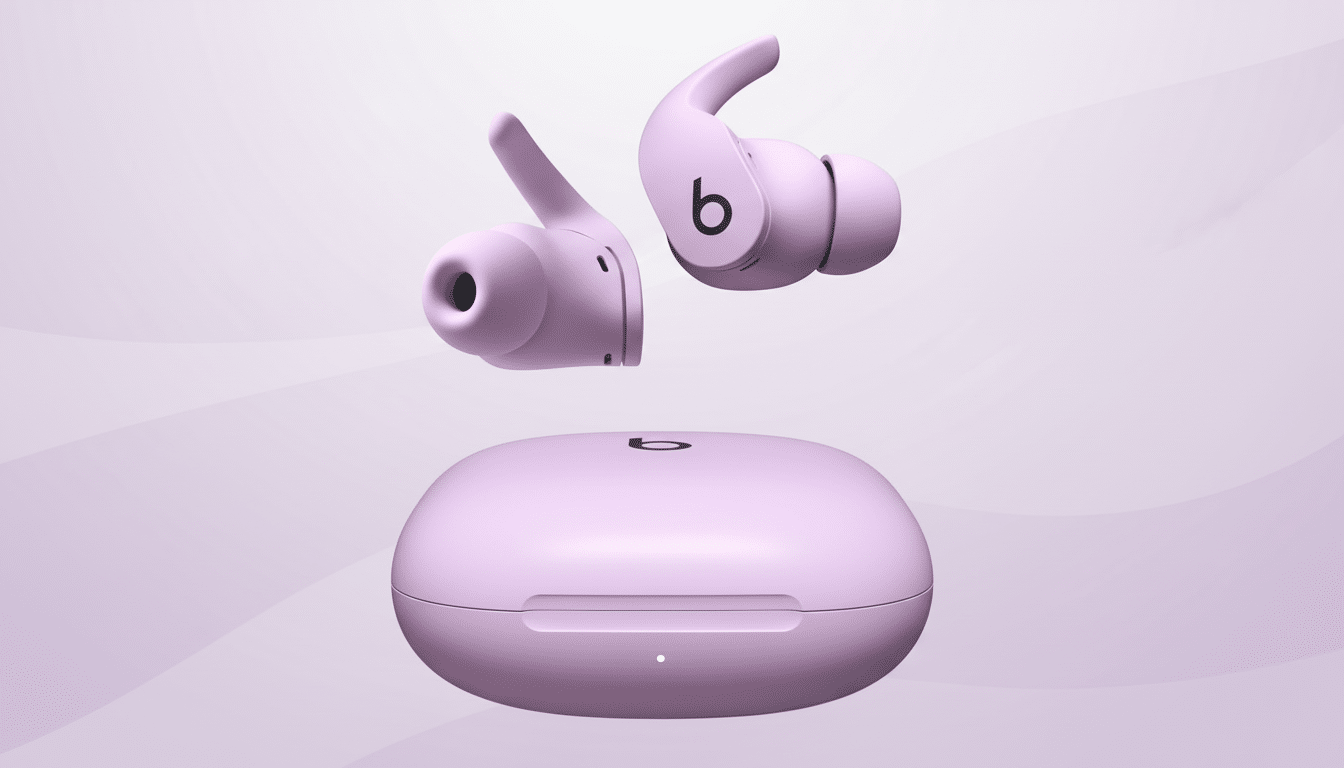 A pair of lavender Beats Fit Pro earbuds and their charging case are presented on a soft, gradient background with subtle wave patterns.