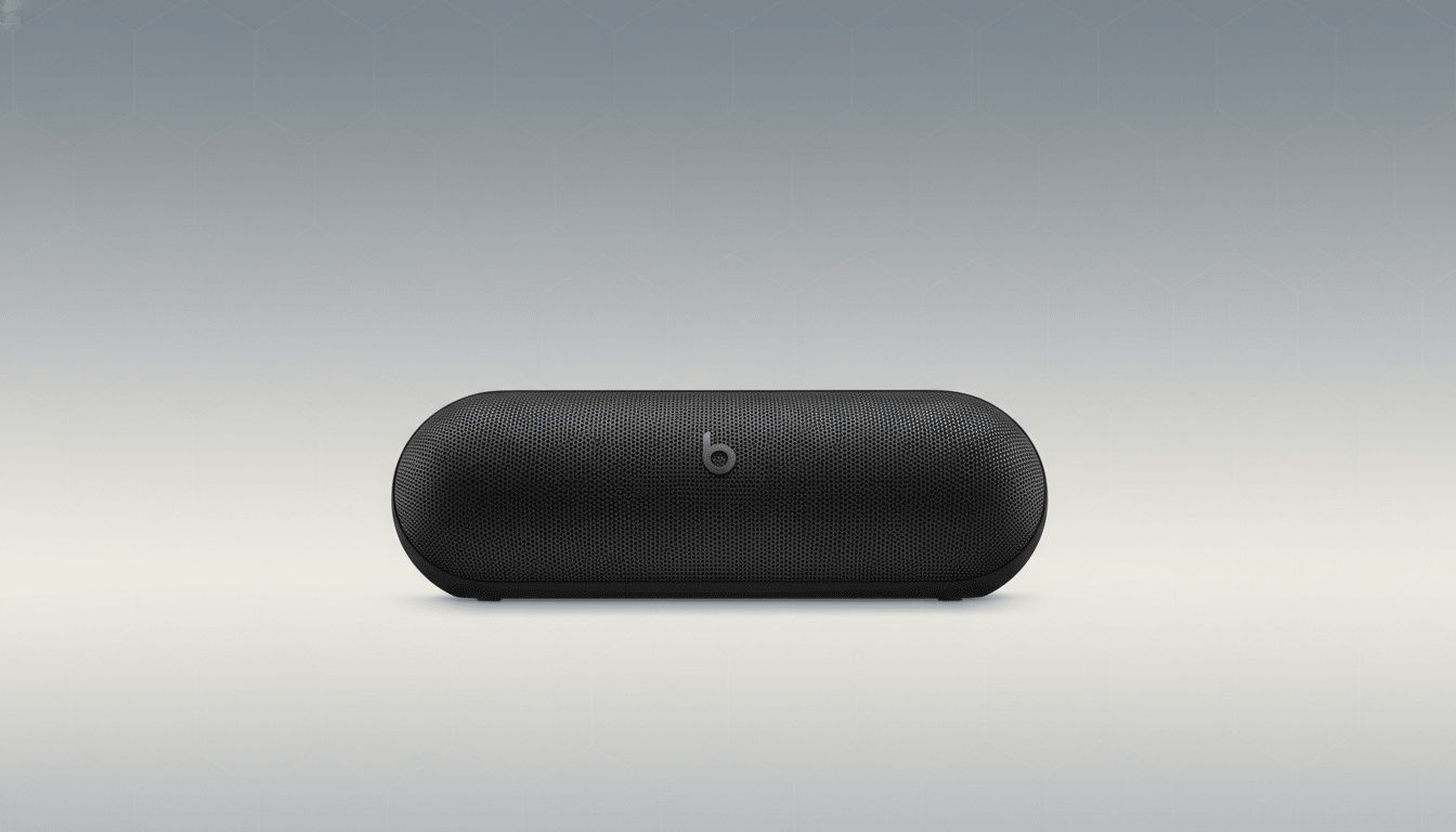 A black Beats Pill+ portable speaker centered on a professional flat design background with a subtle hexagonal pattern and a soft gradient from light grey to dark grey.