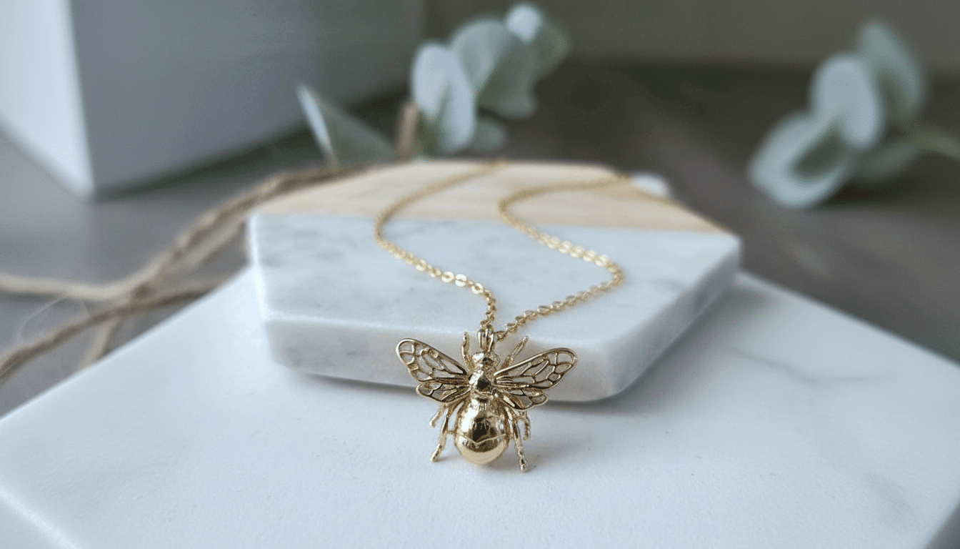 A gold bee pendant necklace with a delicate chain, resting on a white and beige marble surface.