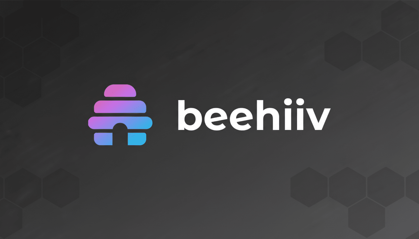 The Beehiiv logo, featuring a stylized beehive icon with a purple and blue gradient, next to the word beehiiv in white text, all set against a dark gray background with subtle hexagonal patterns.