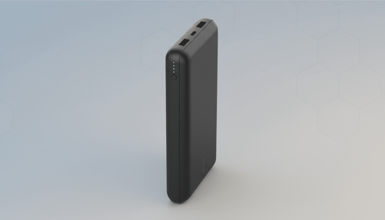 A black Belkin power bank is shown at an angle on a professional flat design background with soft patterns and gradients.