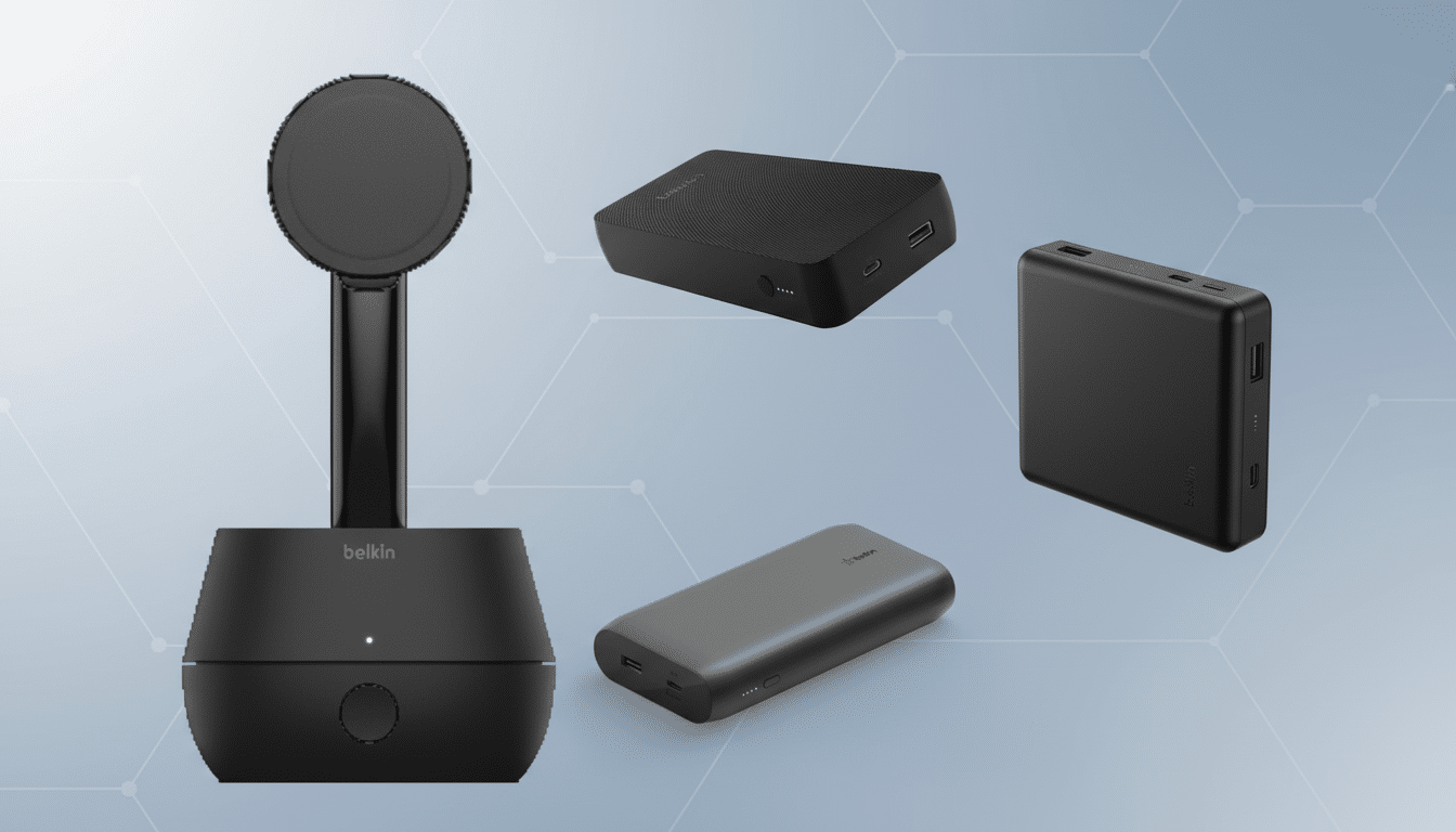 A 16:9 aspect ratio image featuring various black Belkin charging accessories, including a charging stand and several power banks, arranged on a professional flat design background with soft patterns and gradients.