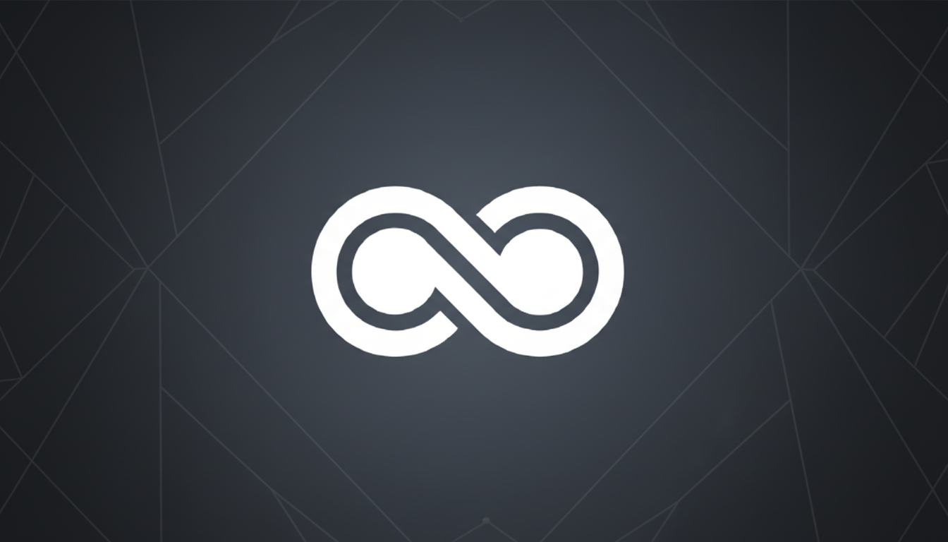 A white infinity symbol centered on a dark gray background with a subtle geometric pattern.