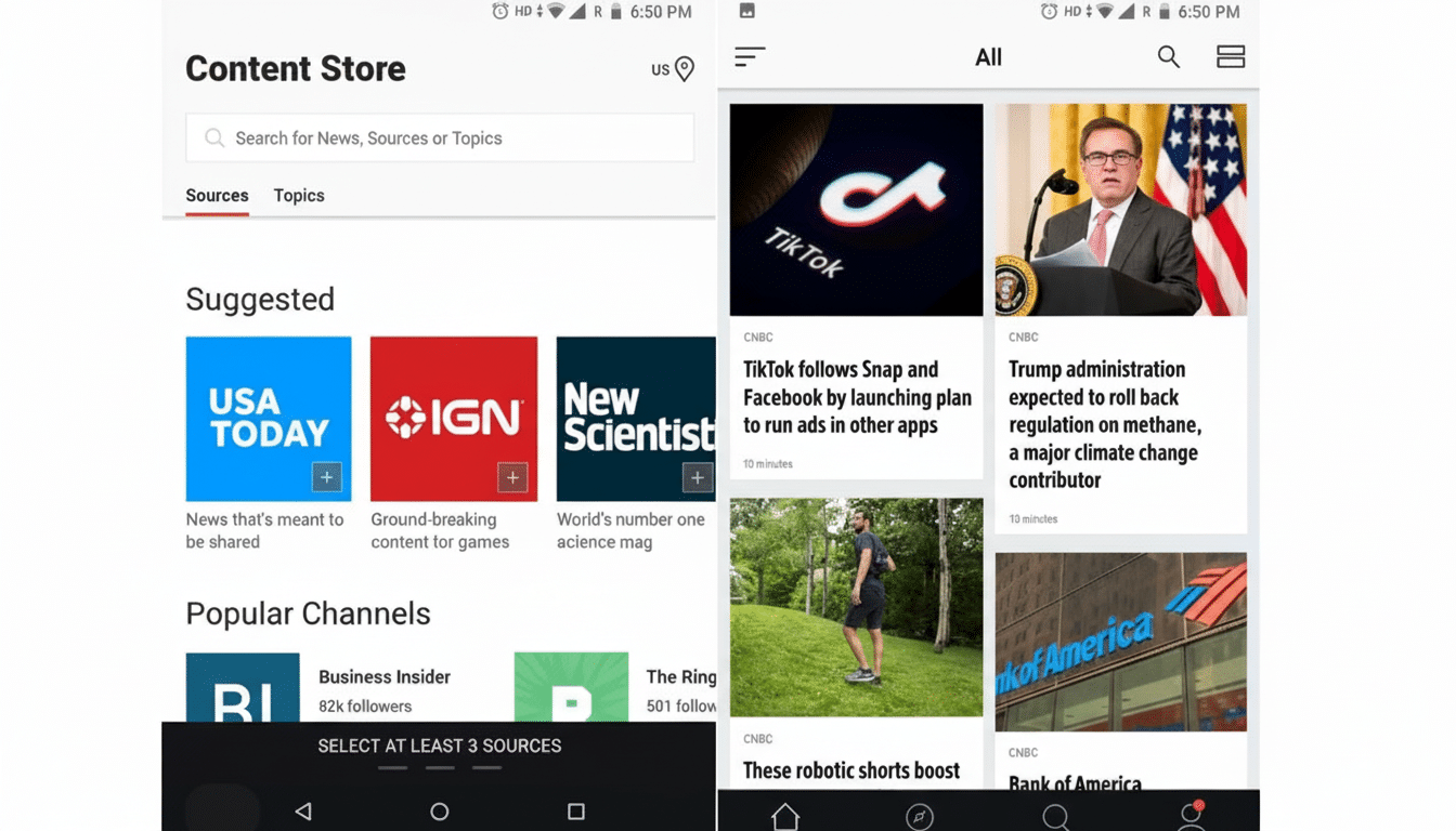 A screenshot of a mobile app interface, resized to a 16:9 aspect ratio. The left side shows a Content Store with suggested news sources like USA Today, IGN, and New Scientist. The right side displays a news feed with articles about TikTok, the Trump administration, robotic shorts, and Bank of America.