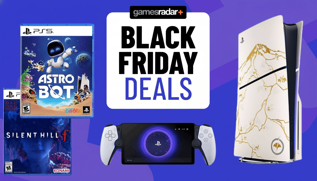 A 16:9 aspect ratio image featuring PlayStation 5 games and hardware, including Astro Bot and Silent Hill f game cases, a PlayStation Portal, and a special edition PS5 console, all centered around a Black Friday Deals banner.