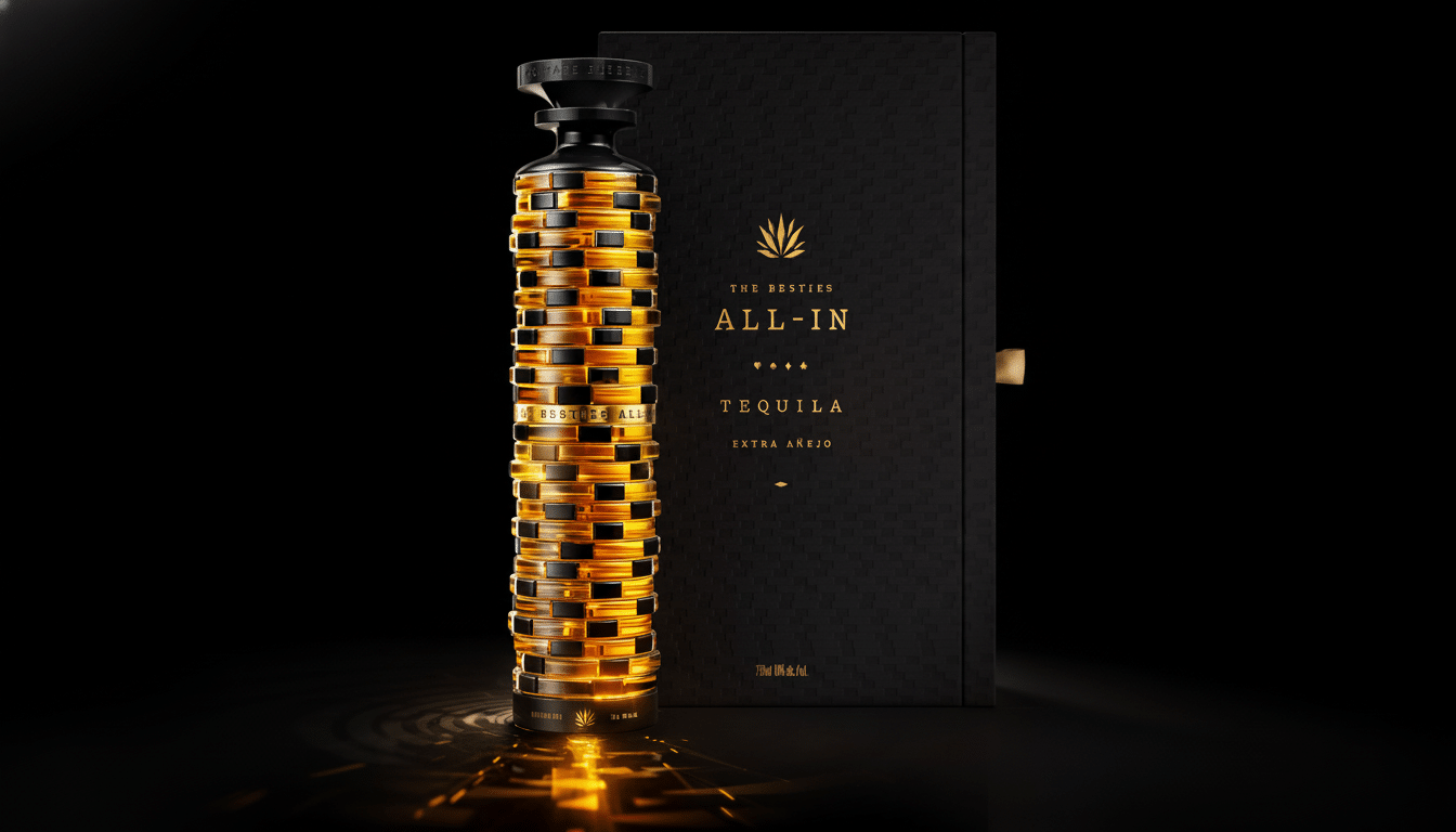 A professionally enhanced image of a The Besties All-In Tequila Extra Añejo bottle and its black textured box, presented in a 16:9 aspect ratio with a dark background.