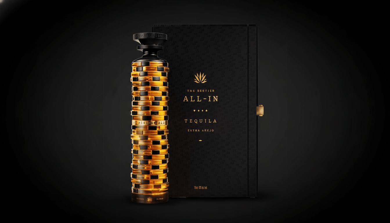 A bottle of The Bestier All-In Extra Añejo Tequila with a black and gold label, next to a matching black box with gold accents, set against a dark, subtly patterned background.