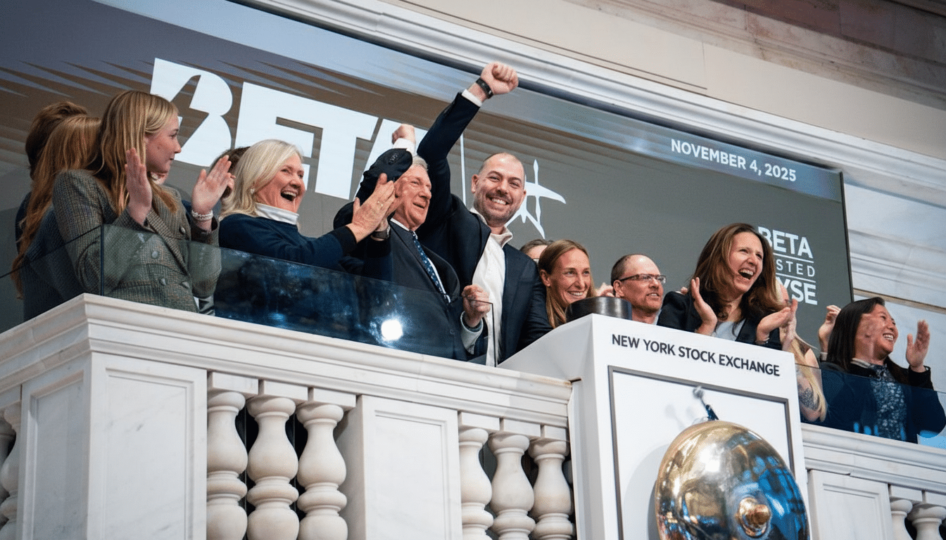 A group of people, including a man with his fist raised in celebration, on a balcony overlooking the New York Stock Exchange floor.