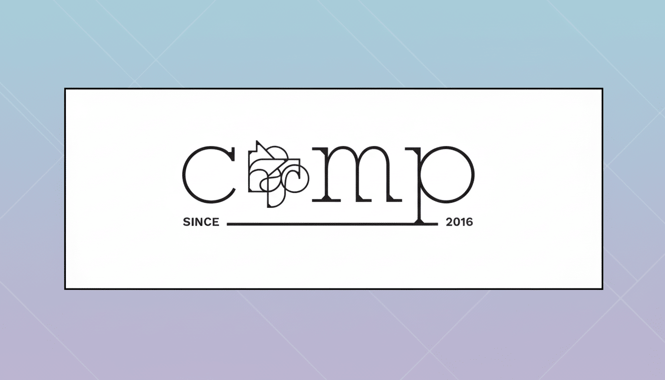 The COMP logo, featuring a stylized camera icon within the O, is presented on a white rectangular background. This rectangle is centered on a professional 16:9 aspect ratio background with a soft blue and purple gradient and subtle geometric patterns.