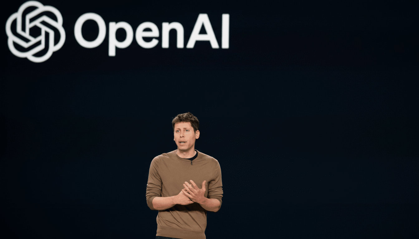 A man in a brown sweater stands on a stage with the OpenAI logo in the background, resized to a 16:9 aspect ratio.