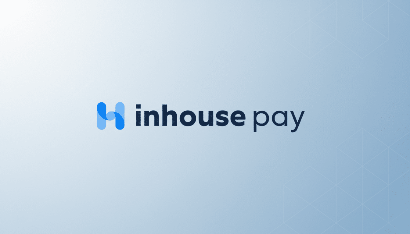 The Inhouse Pay logo, featuring a blue H icon followed by the words inhouse pay in dark blue, presented on a professional light blue gradient background with subtle geometric patterns.