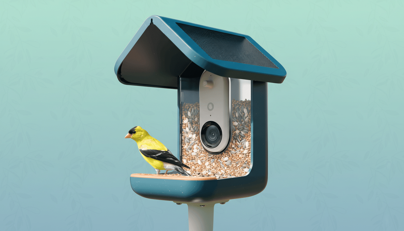 A smart bird feeder with a yellow bird perched on it, set against a soft blue-green background with subtle leaf patterns.
