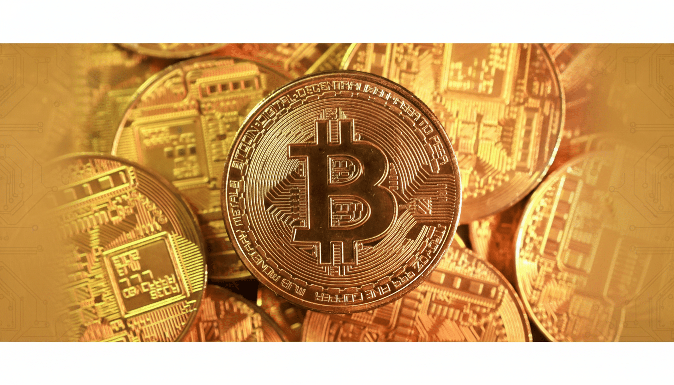 A close-up of a golden Bitcoin coin, centrally placed, surrounded by other golden Bitcoin coins, all set against a professional 16:9 aspect ratio background with a subtle circuit board pattern.
