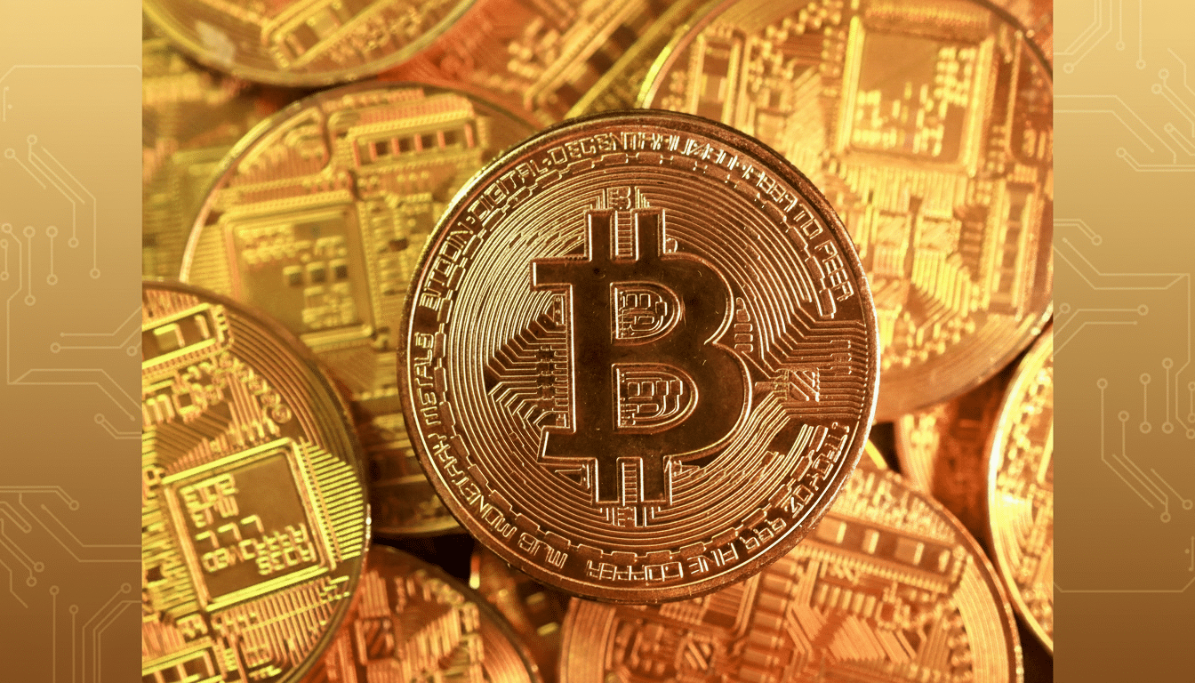 A close-up of a golden Bitcoin coin, centrally placed on a bed of other golden Bitcoin coins, with a professional flat design background featuring subtle circuit board patterns on the sides, all in a 16:9 aspect ratio.