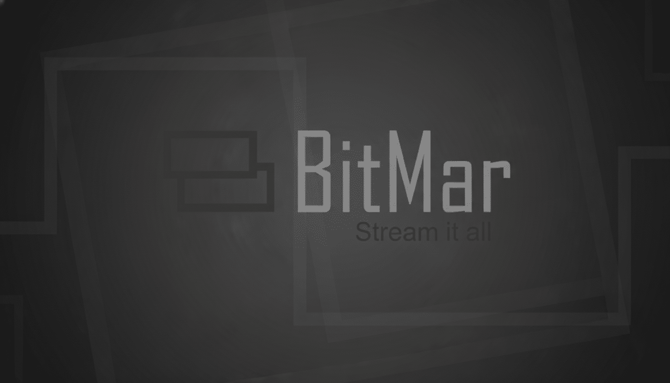 The BitMar logo and slogan Stream it all on a dark gray background with subtle, abstract square patterns.
