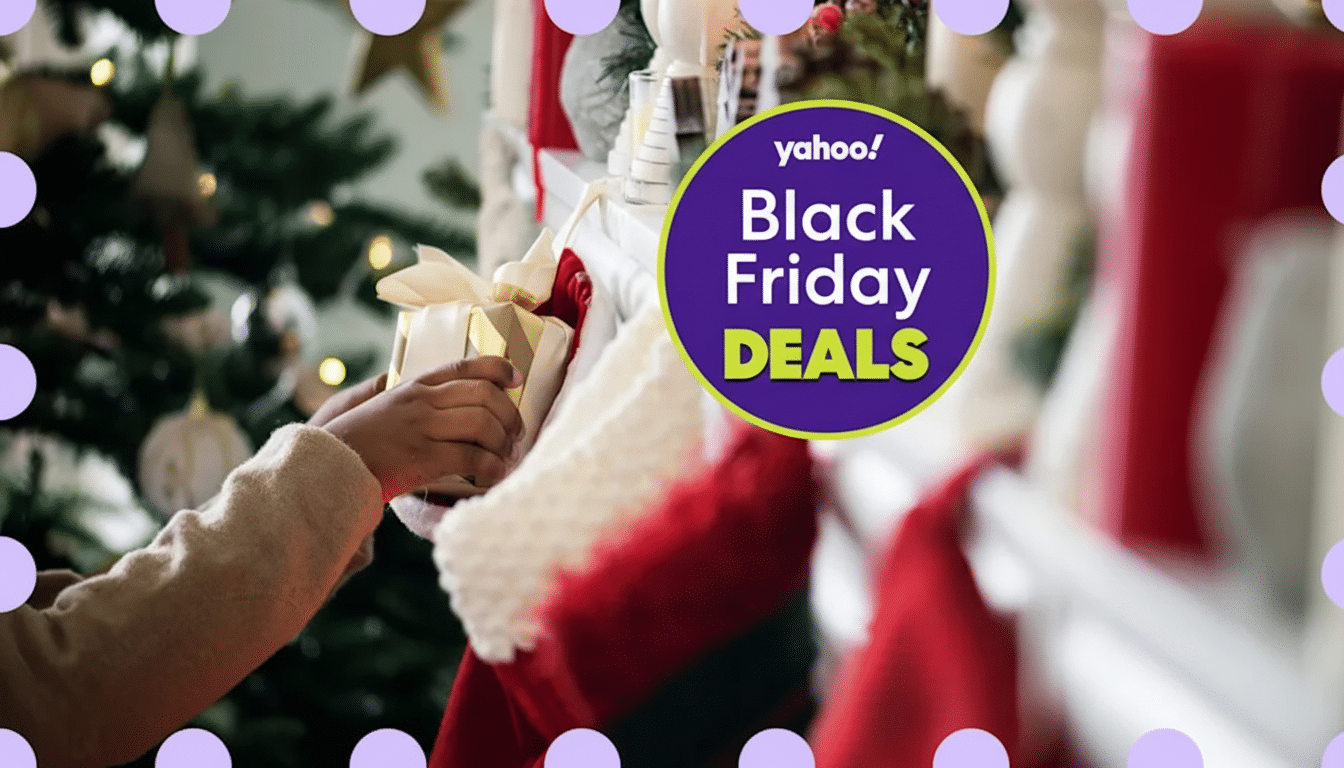 Black Friday stocking stuffer deals with holiday gifts, stockings, and sale tags