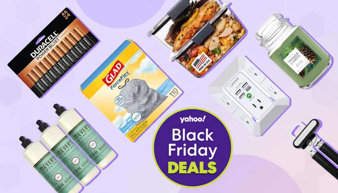A collection of household products including Duracell batteries, Glad ForceFlex trash bags, Mrs. Meyers dish soap, a Yankee Candle, a power strip, a food container, and a can opener, arranged around a purple circle with yahoo! Black Friday DEALS written on it, all on a light purple background.