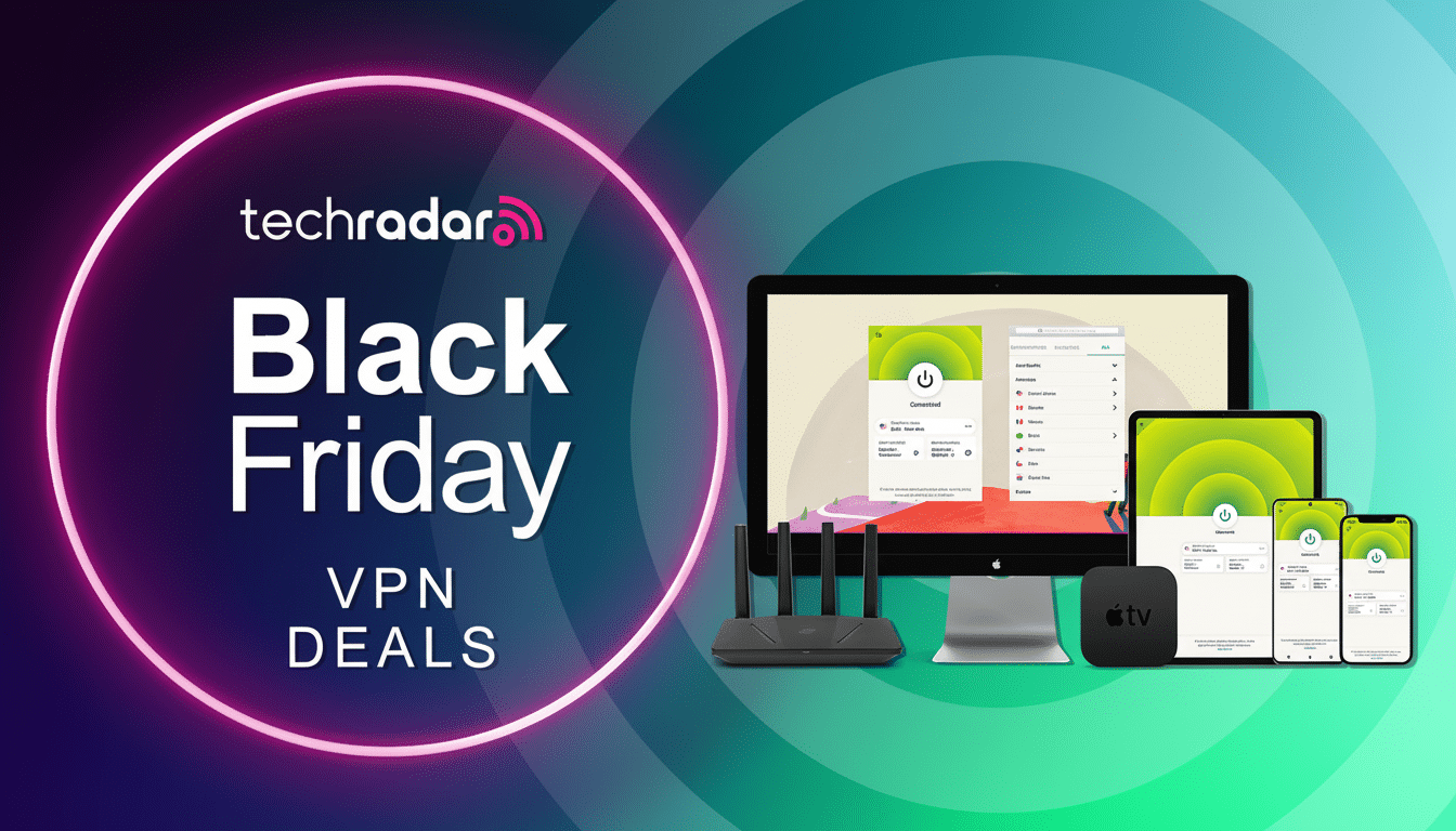 A promotional image for TechRadars Black Friday VPN deals, featuring various devices displaying a VPN interface, set against a gradient background with a prominent neon pink circle highlighting the Black Friday VPN Deals text.