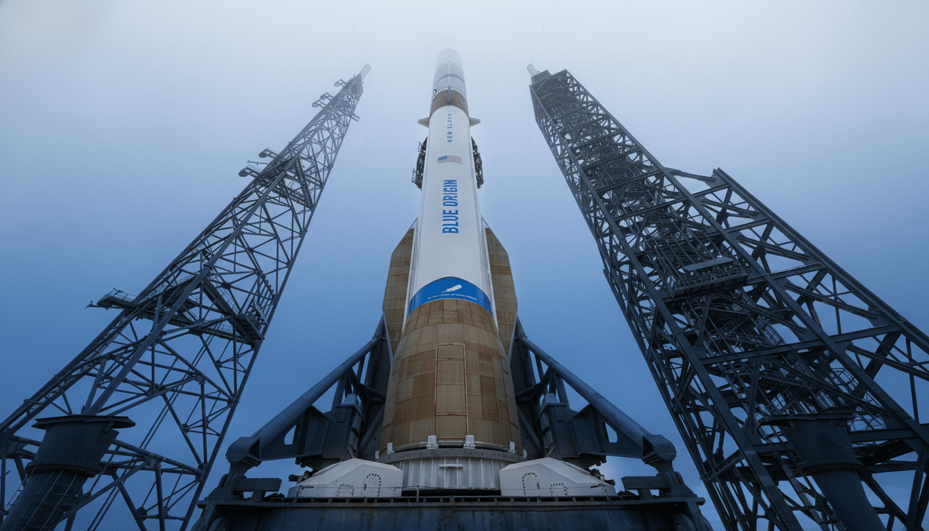 A Blue Origin New Glenn rocket stands tall on its launchpad, flanked by two towering support structures, under a clear blue sky.